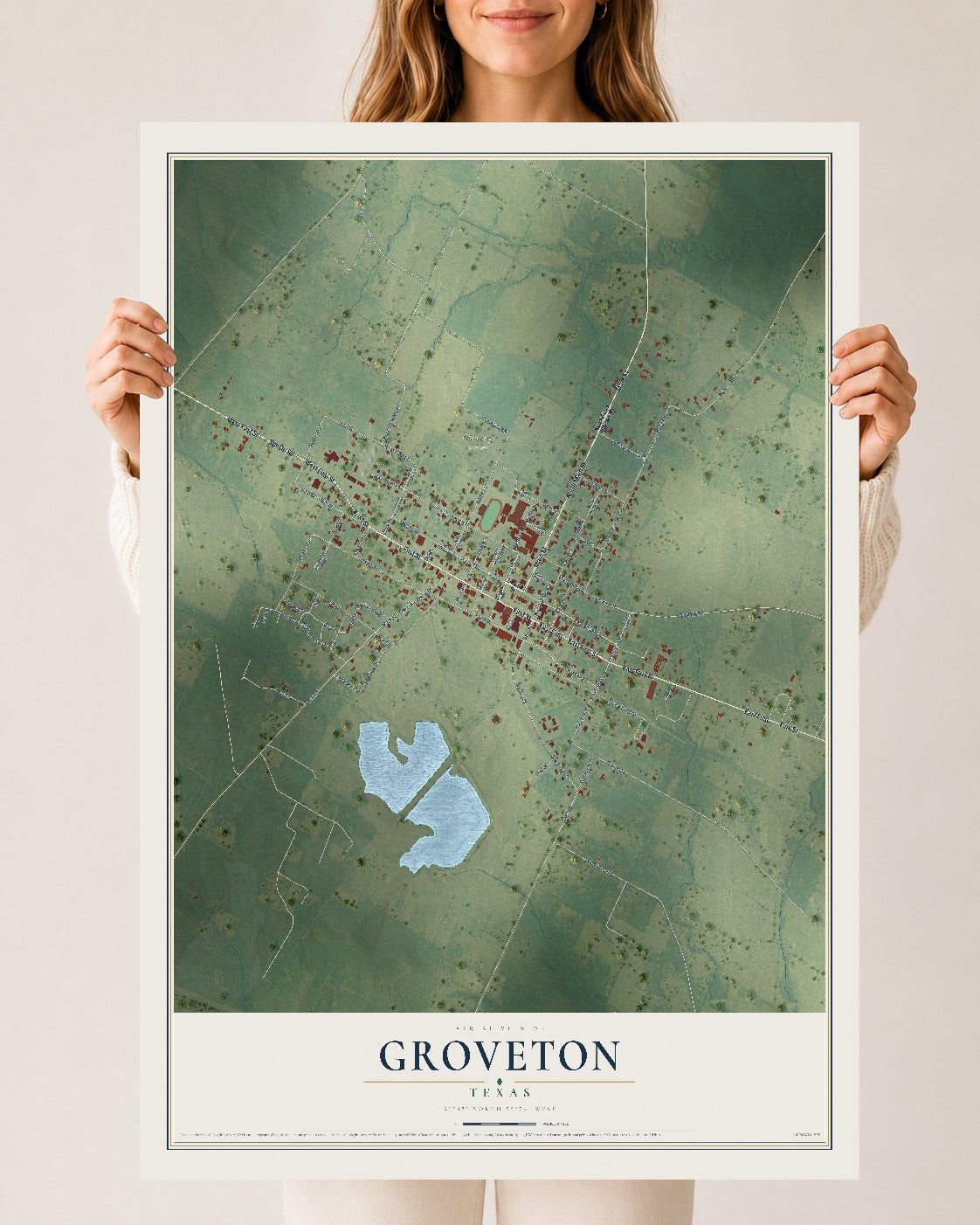 Map of Groveton, Texas, 24 x 36 inch unframed archival matte print
