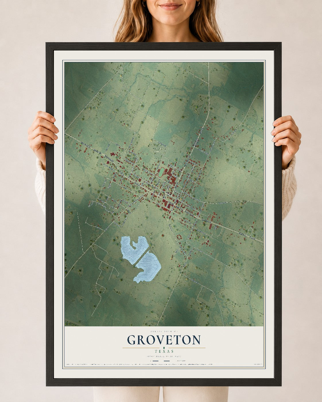 Map of Groveton, Texas, 24 x 36 inch print in a black wood frame