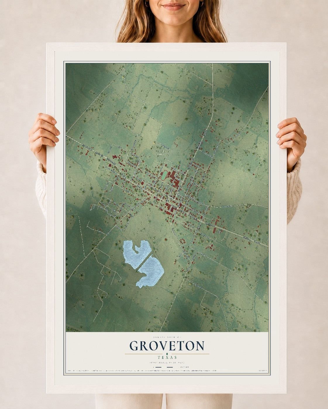 Map of Groveton, Texas, 24 x 36 inch print in a white wood frame