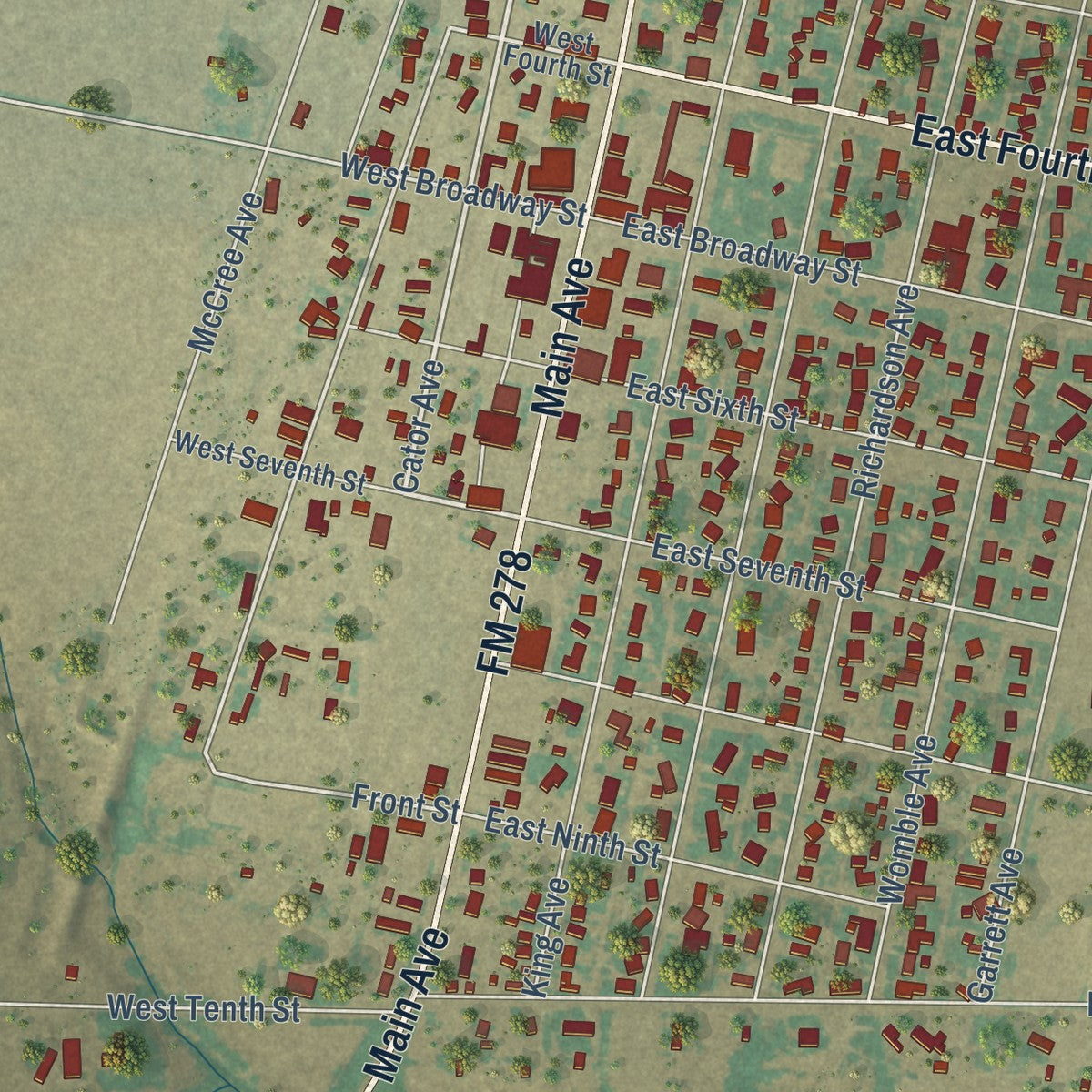 Close-up of the map of Gruver, Texas print showing street and building detail