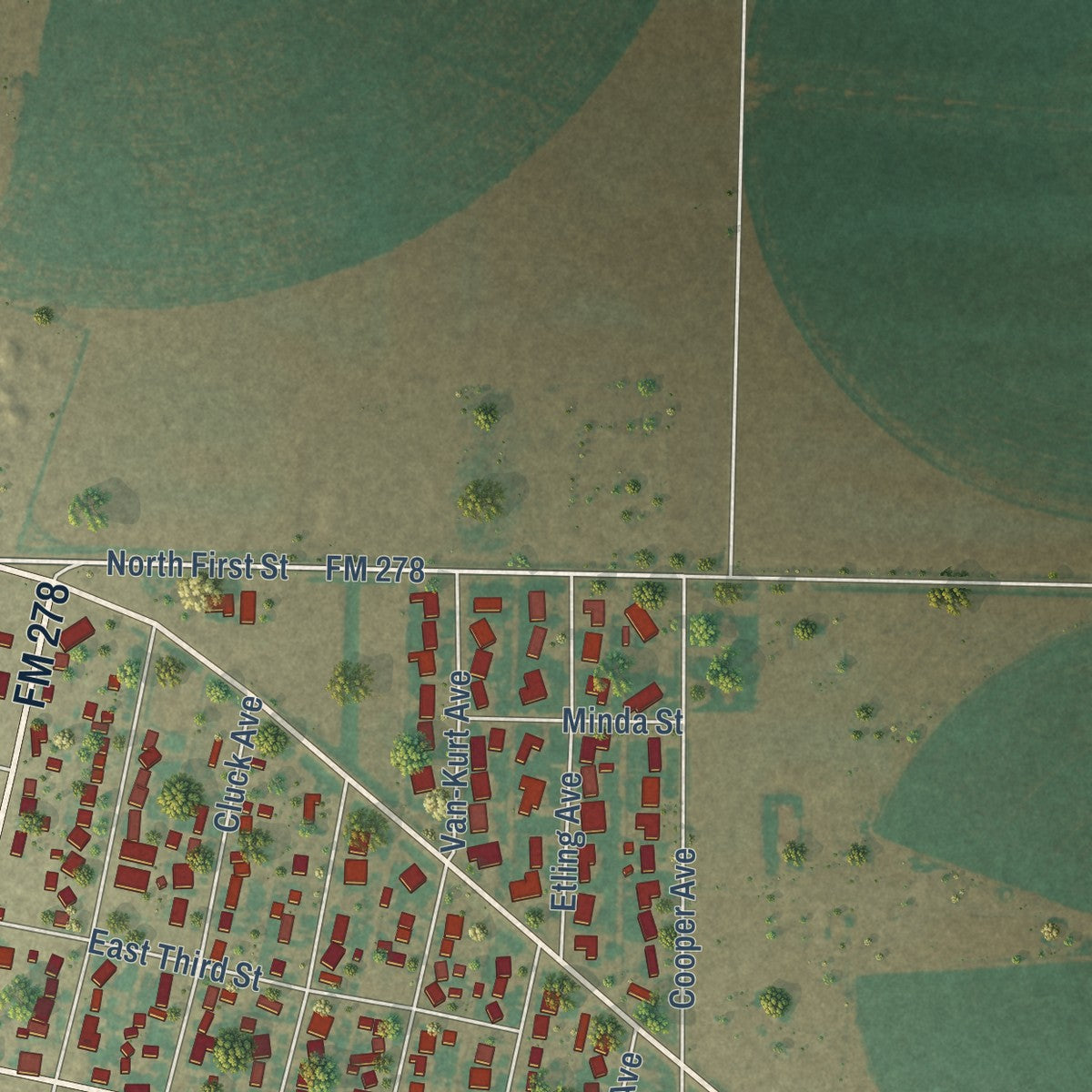 Second close-up of the map of Gruver, Texas print showing more streets and buildings