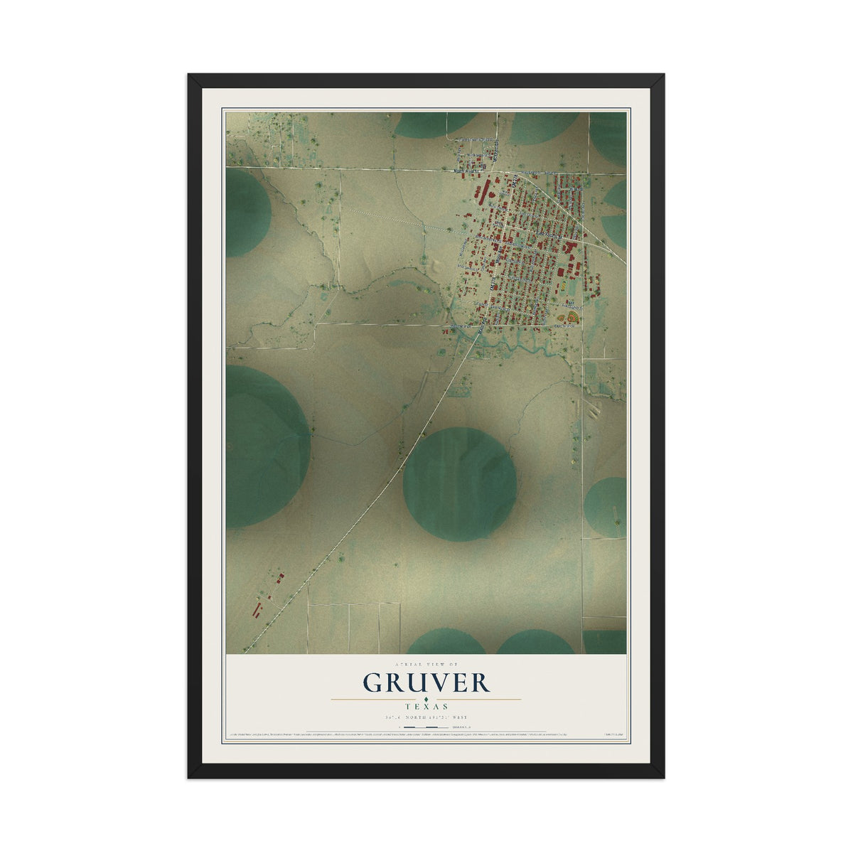Map of Gruver, Texas, 12 x 18 inch print in a black wood frame
