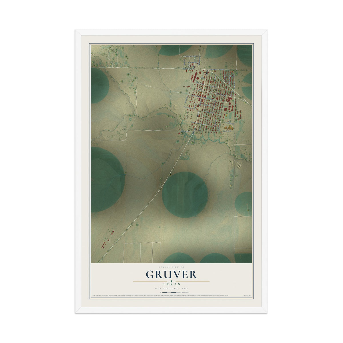 Map of Gruver, Texas, 12 x 18 inch print in a white wood frame
