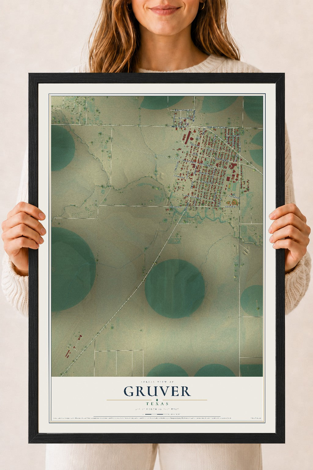 Map of Gruver, Texas, 18 x 24 inch print in a black wood frame