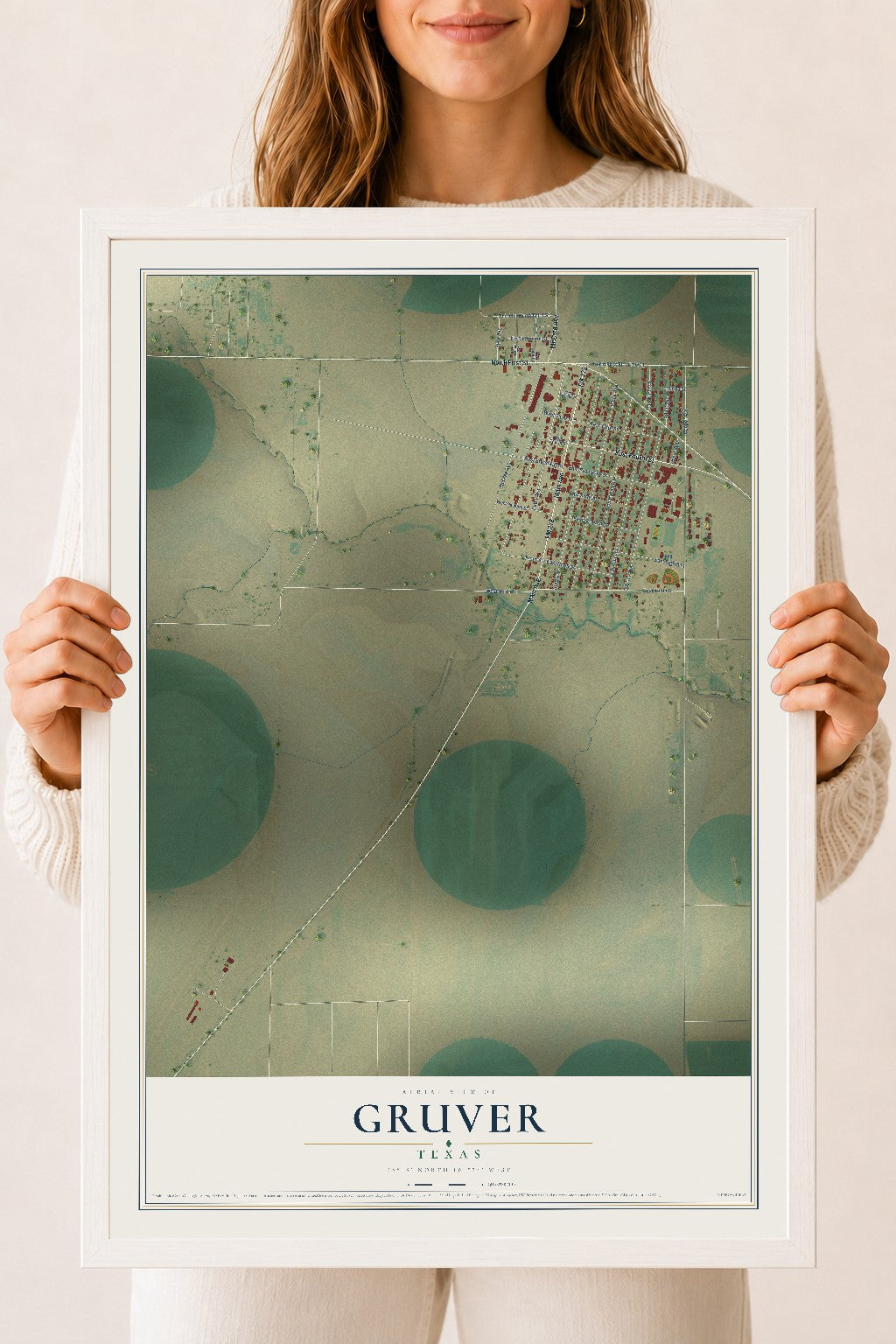 Map of Gruver, Texas, 18 x 24 inch print in a white wood frame