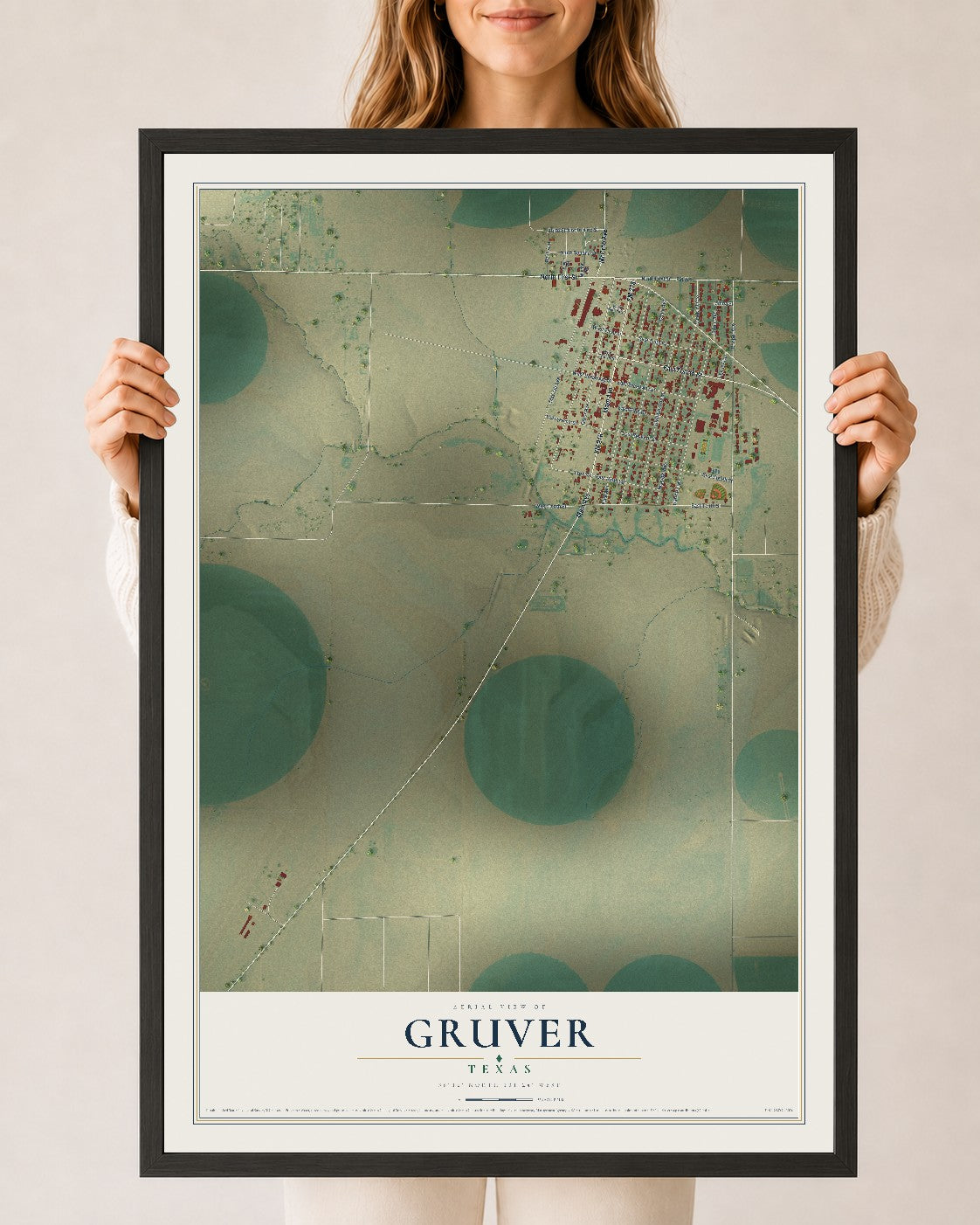 Map of Gruver, Texas, 24 x 36 inch print in a black wood frame
