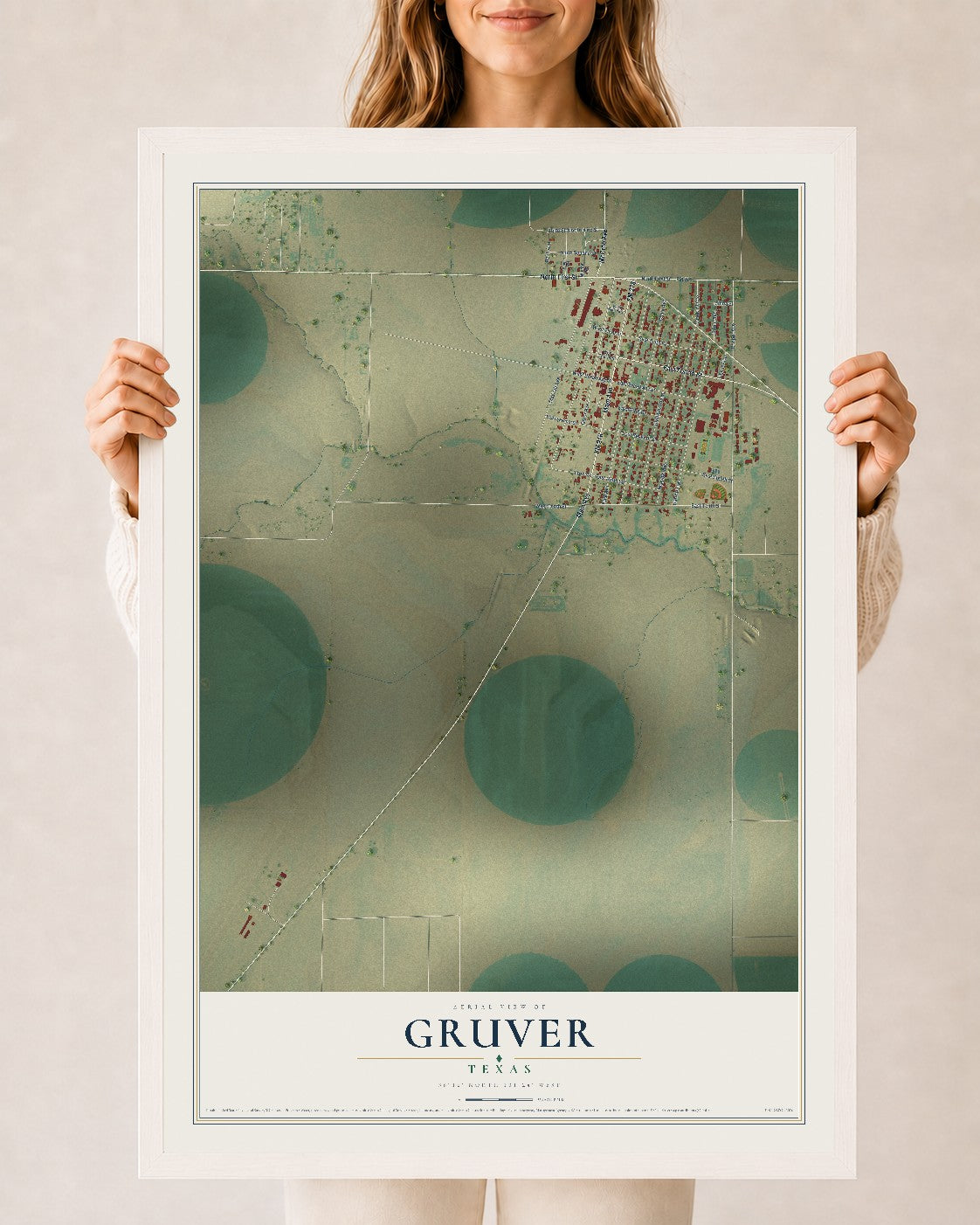 Map of Gruver, Texas, 24 x 36 inch print in a white wood frame