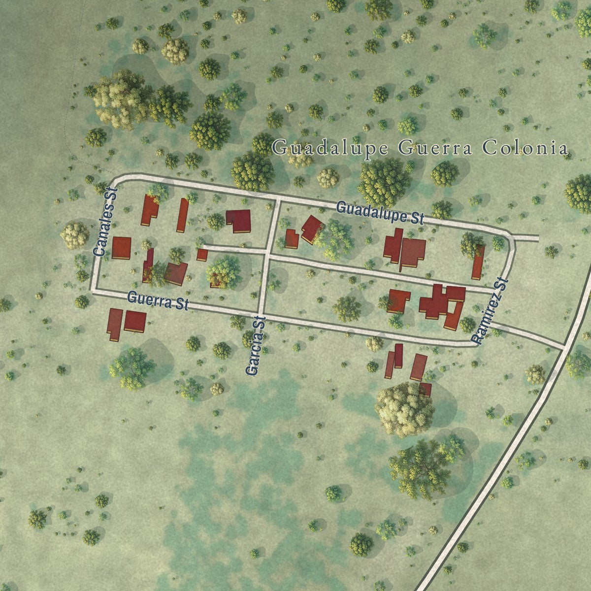 Close-up of the map of Guadalupe Guerra, Texas print showing street and building detail