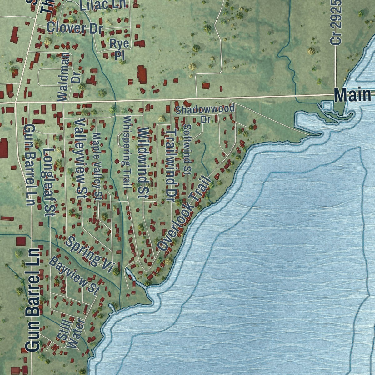 Close-up of the map of Gun Barrel City, Texas print showing street and building detail
