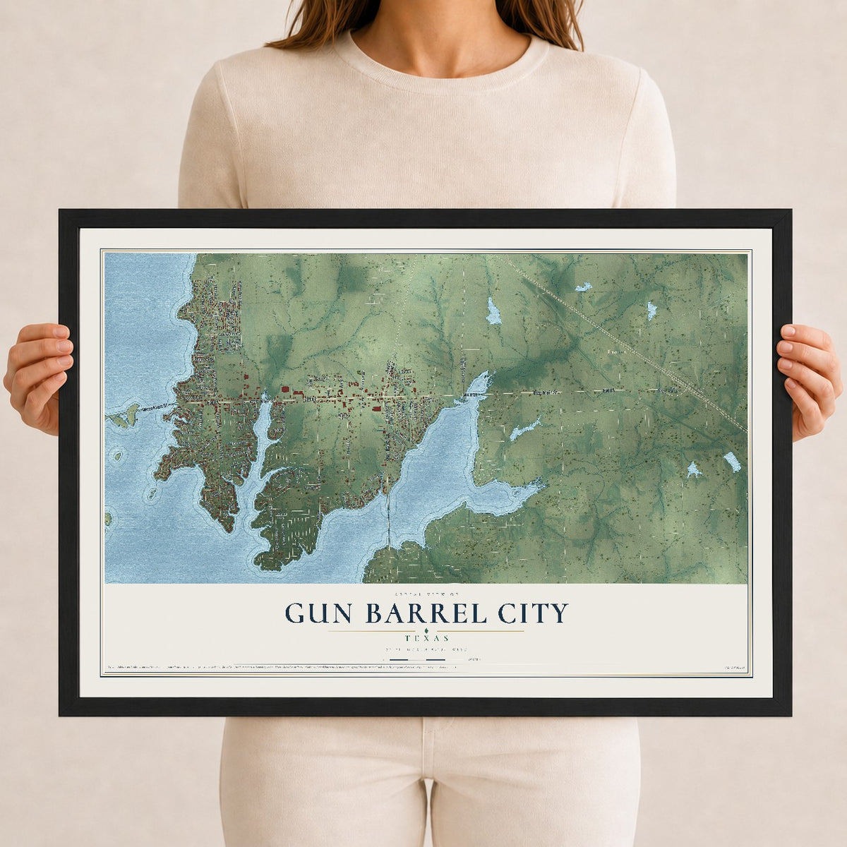 Map of Gun Barrel City, Texas, 12 x 18 inch print in a black wood frame