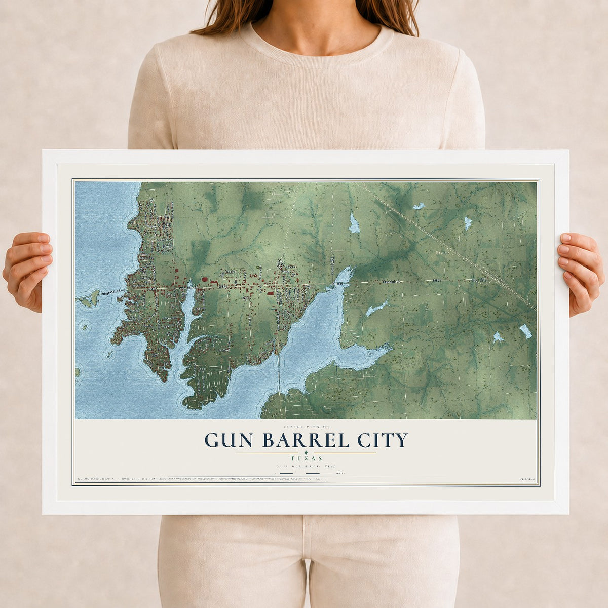 Map of Gun Barrel City, Texas, 12 x 18 inch print in a white wood frame