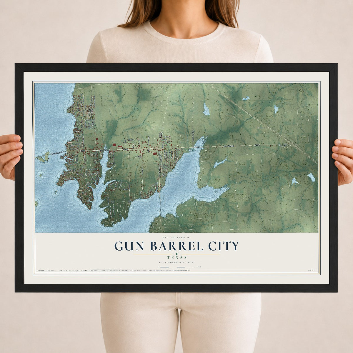 Map of Gun Barrel City, Texas, 18 x 24 inch print in a black wood frame
