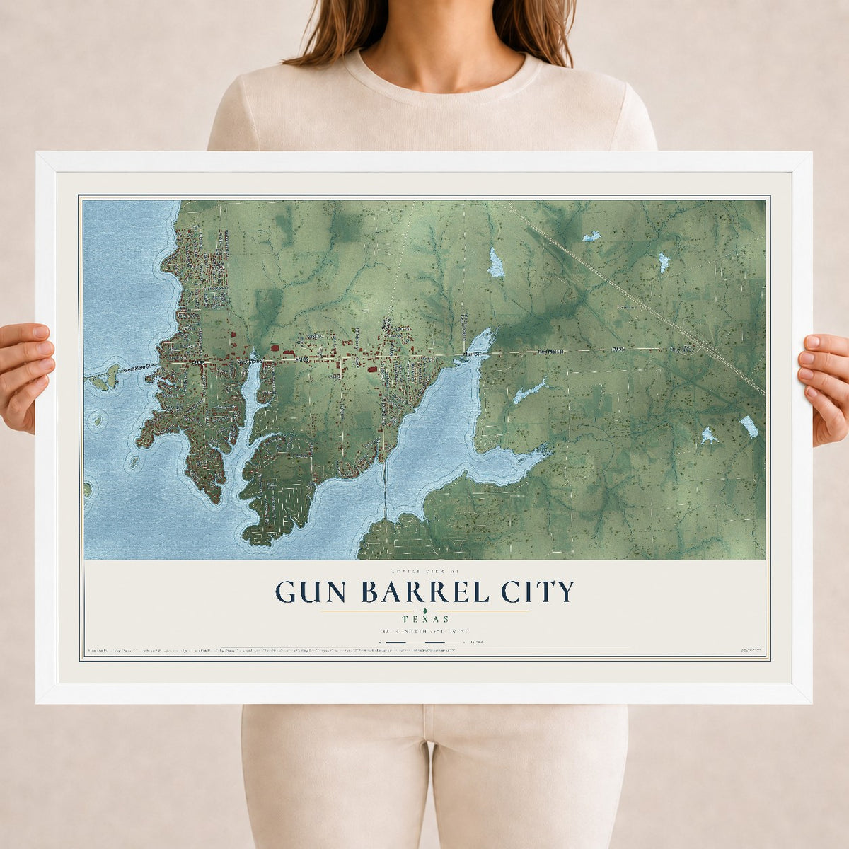 Map of Gun Barrel City, Texas, 18 x 24 inch print in a white wood frame