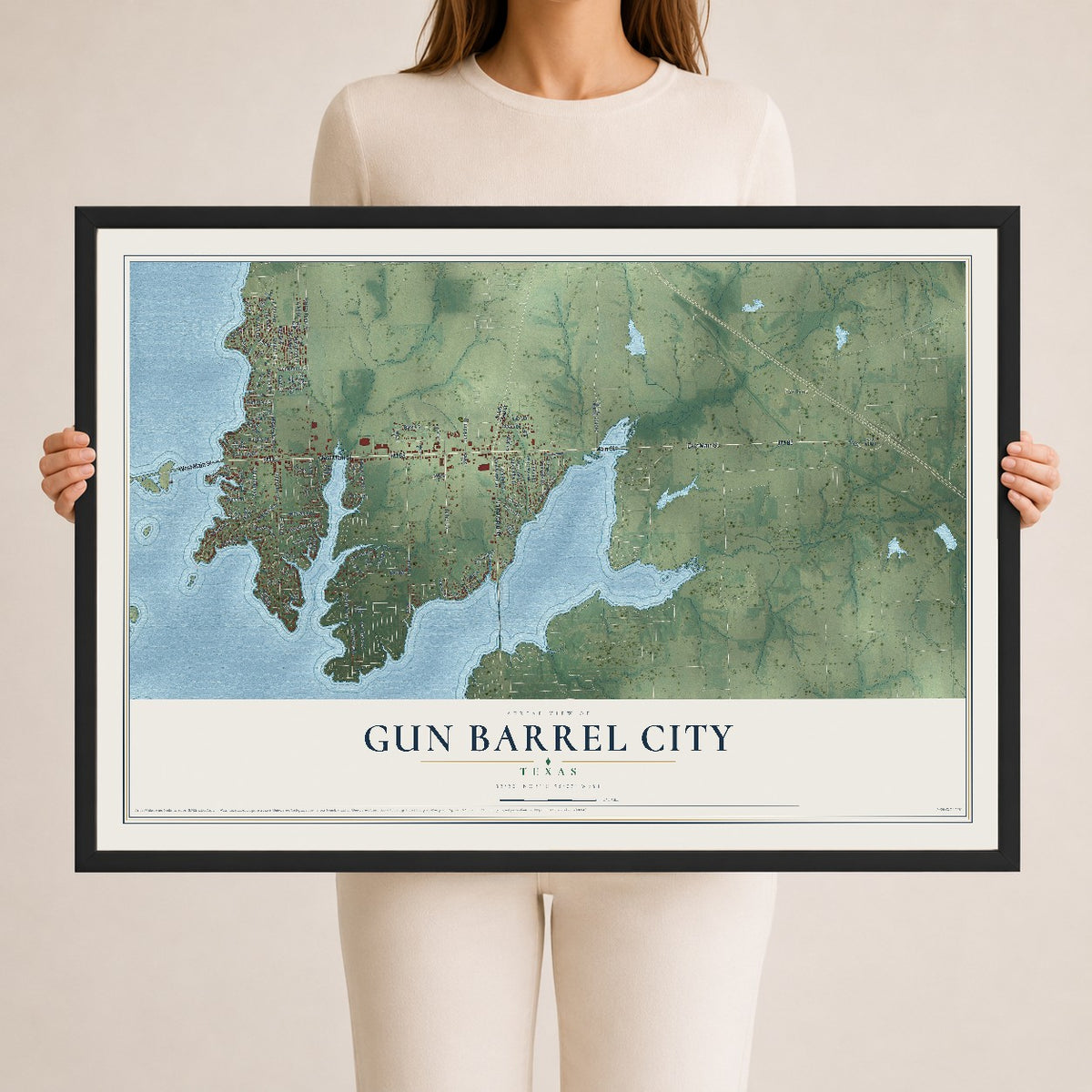Map of Gun Barrel City, Texas, 24 x 36 inch print in a black wood frame