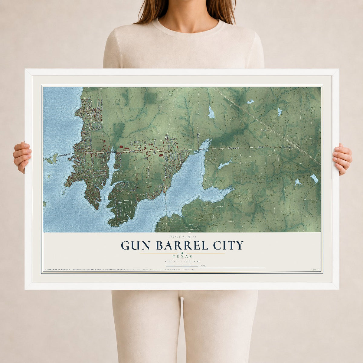 Map of Gun Barrel City, Texas, 24 x 36 inch print in a white wood frame