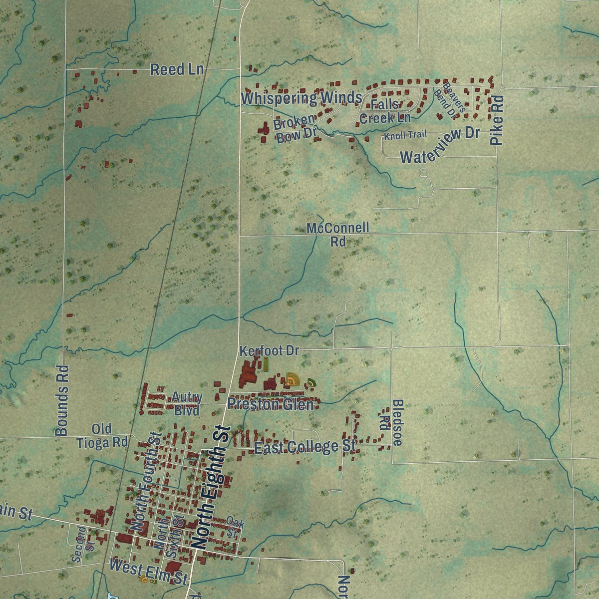 Close-up of the map of Gunter, Texas print showing street and building detail
