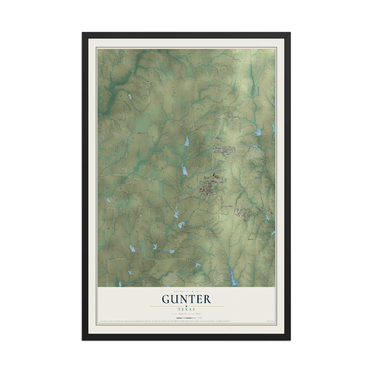 Map of Gunter, Texas, 12 x 18 inch print in a black wood frame