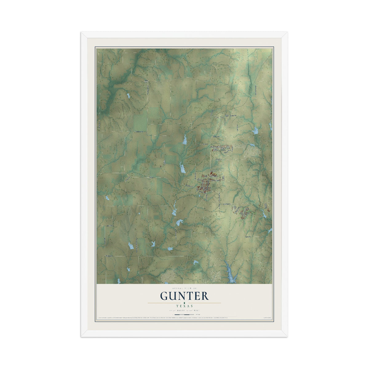Map of Gunter, Texas, 12 x 18 inch print in a white wood frame