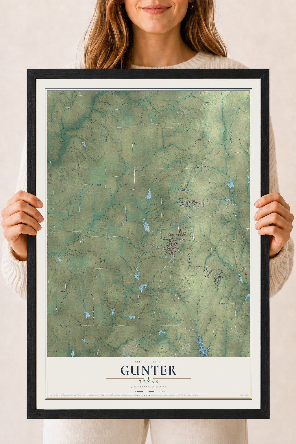 Map of Gunter, Texas, 18 x 24 inch print in a black wood frame