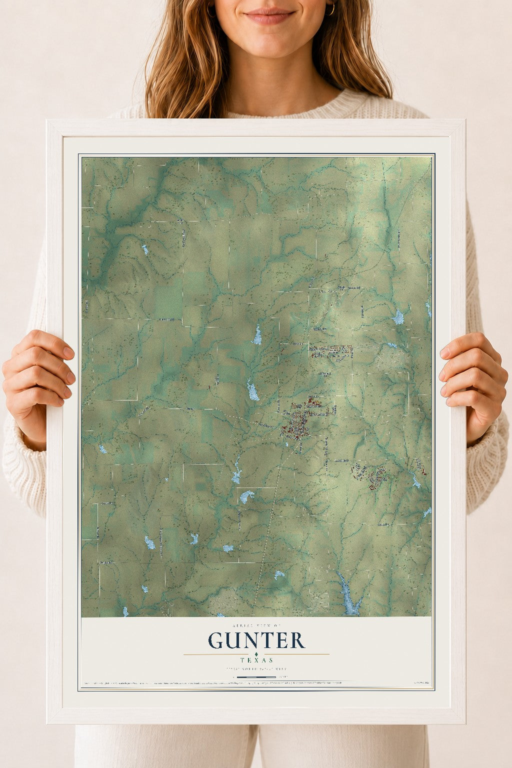 Map of Gunter, Texas, 18 x 24 inch print in a white wood frame
