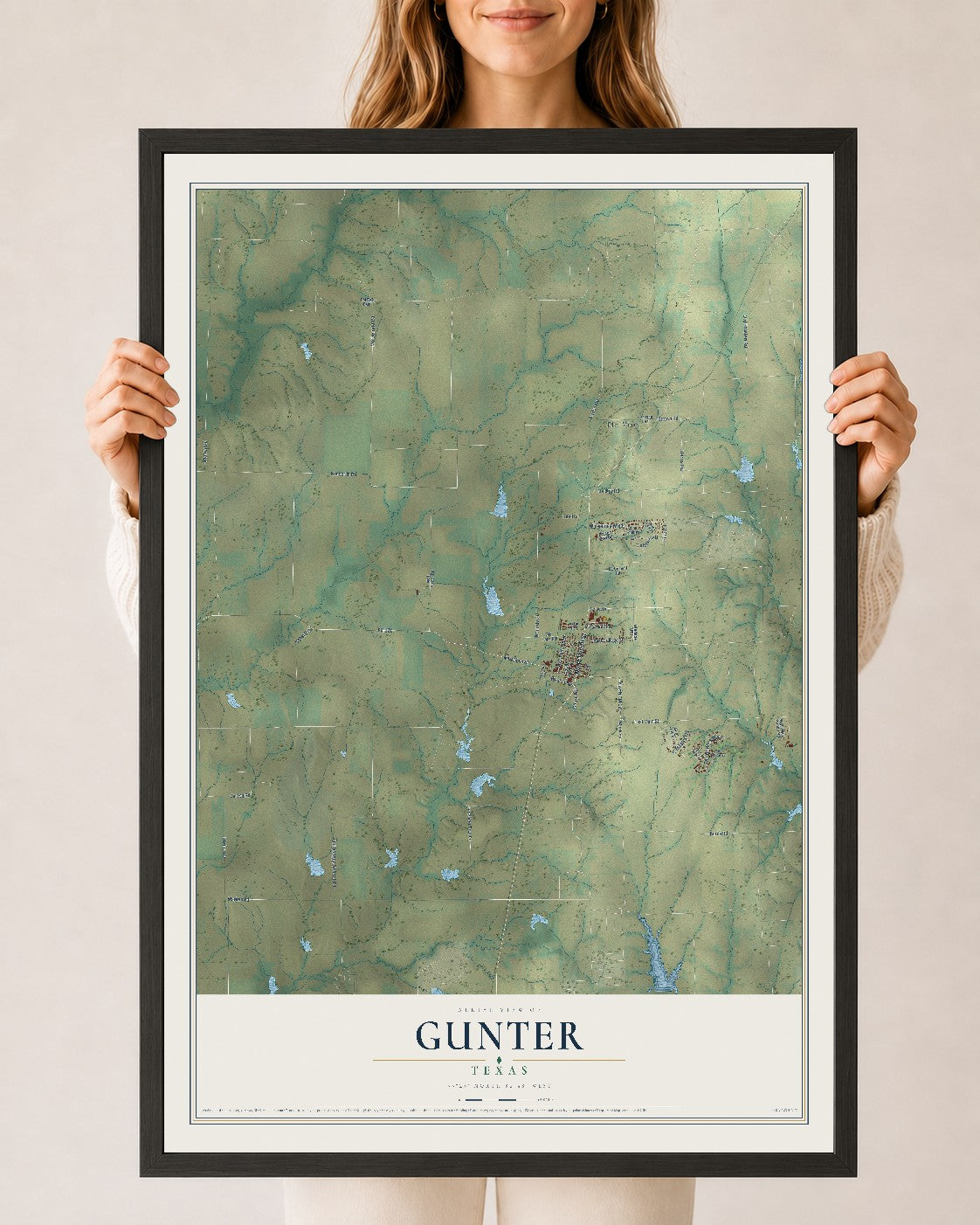 Map of Gunter, Texas, 24 x 36 inch print in a black wood frame