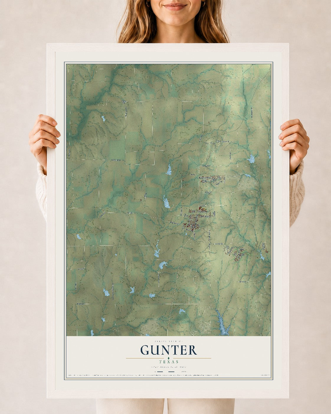 Map of Gunter, Texas, 24 x 36 inch print in a white wood frame
