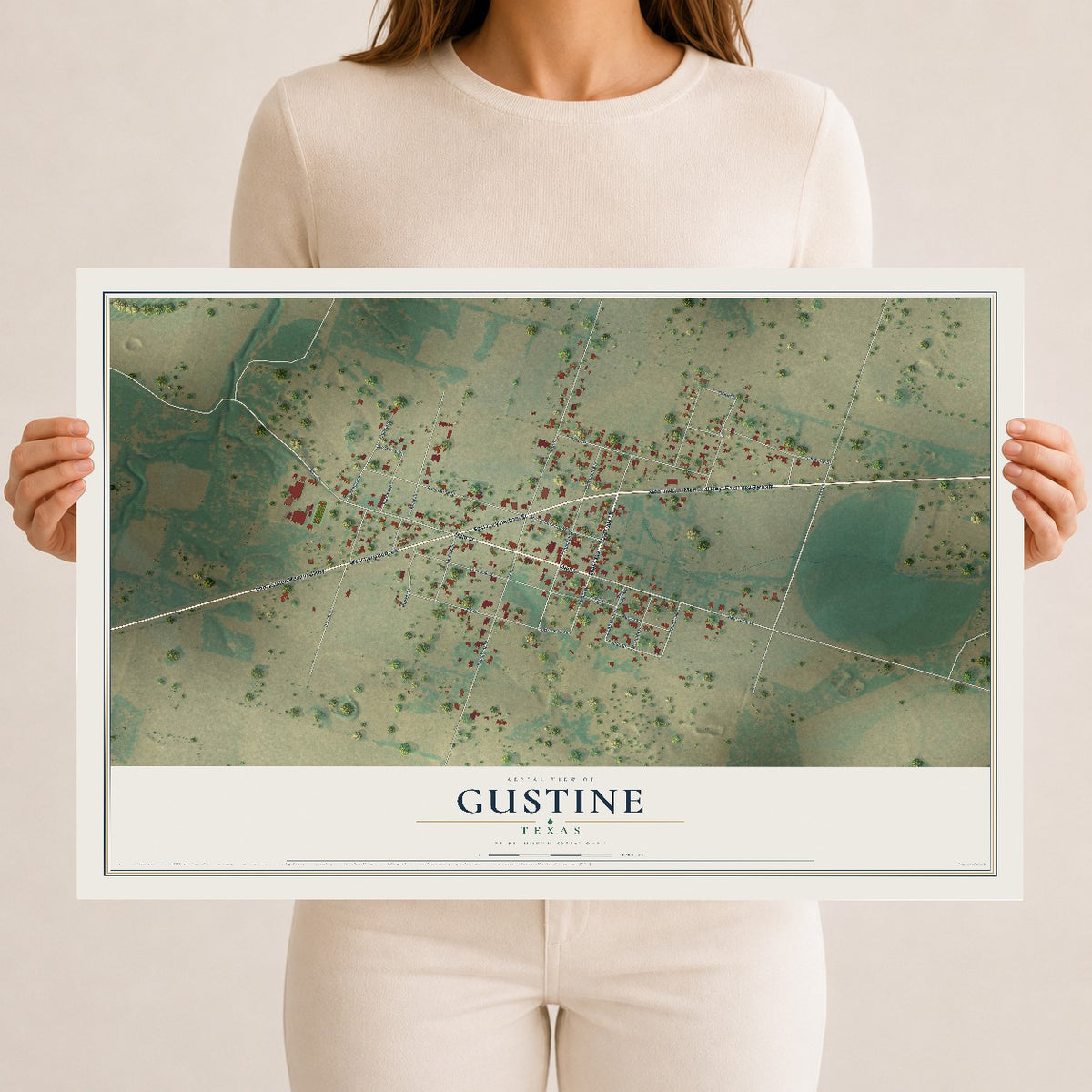Map of Gustine, Texas, 12 x 18 inch unframed archival matte print