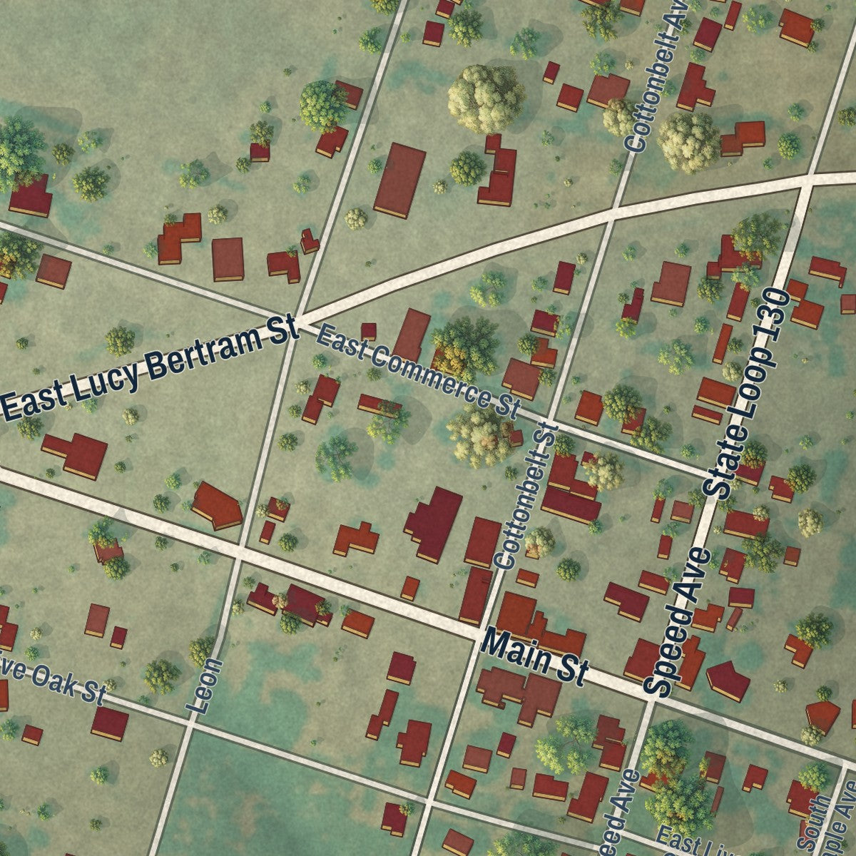 Close-up of the map of Gustine, Texas print showing street and building detail