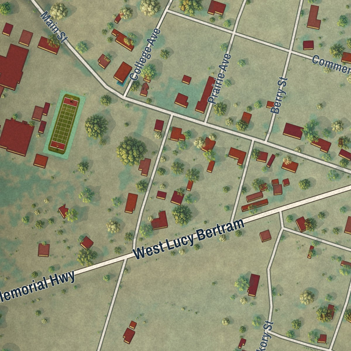 Second close-up of the map of Gustine, Texas print showing more streets and buildings