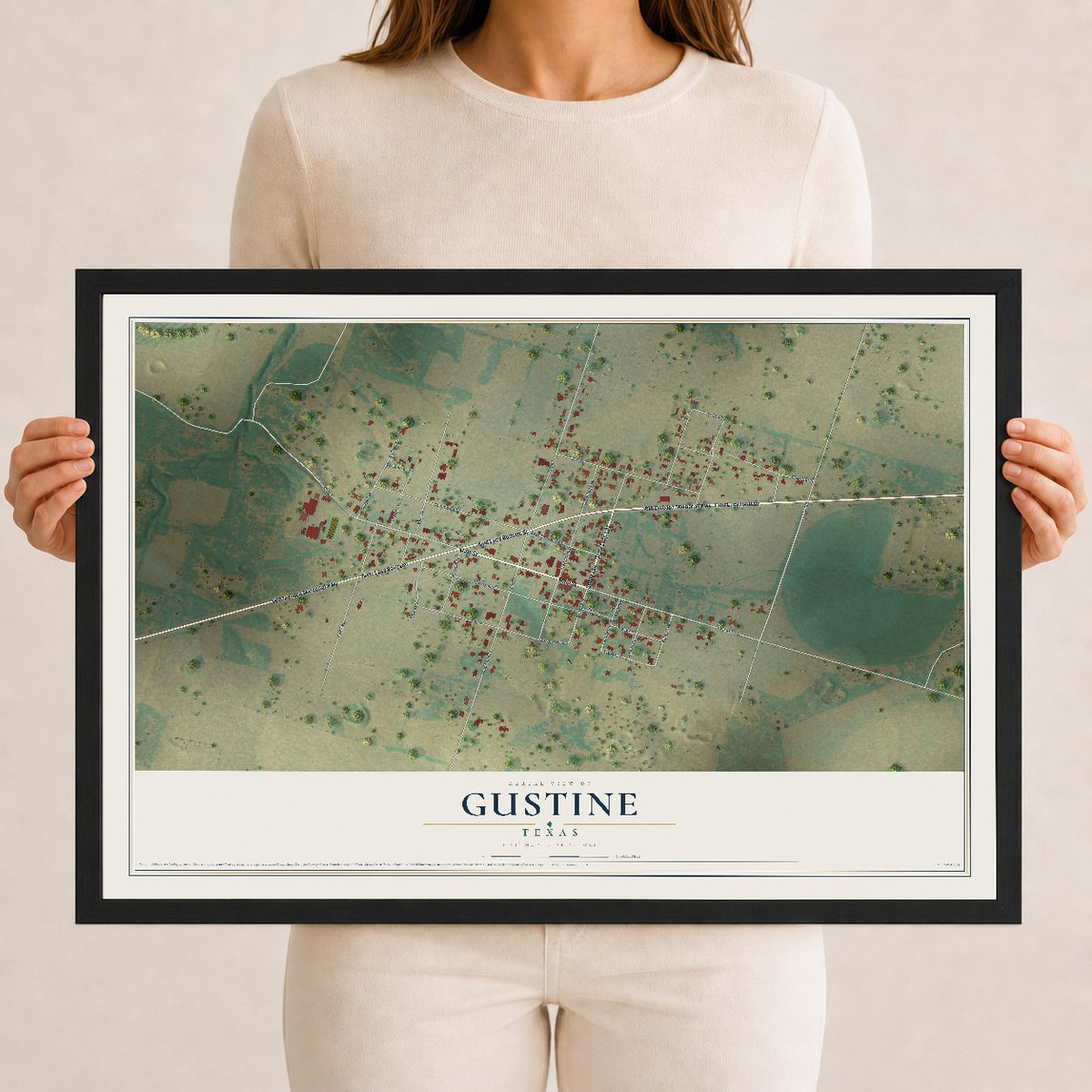 Map of Gustine, Texas, 12 x 18 inch print in a black wood frame