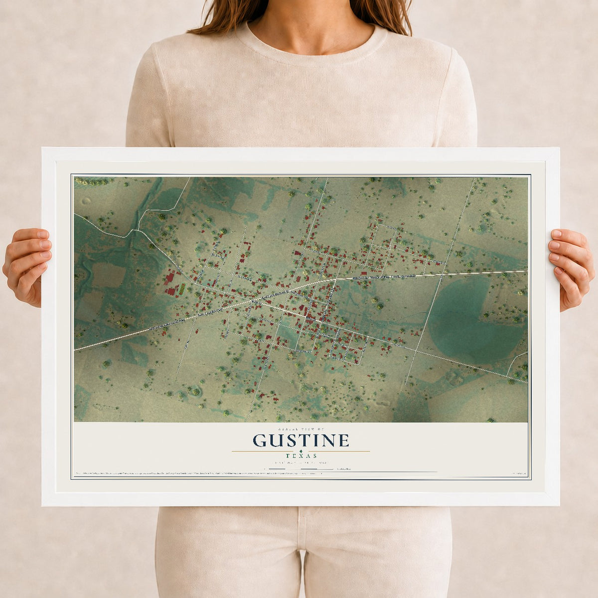 Map of Gustine, Texas, 12 x 18 inch print in a white wood frame