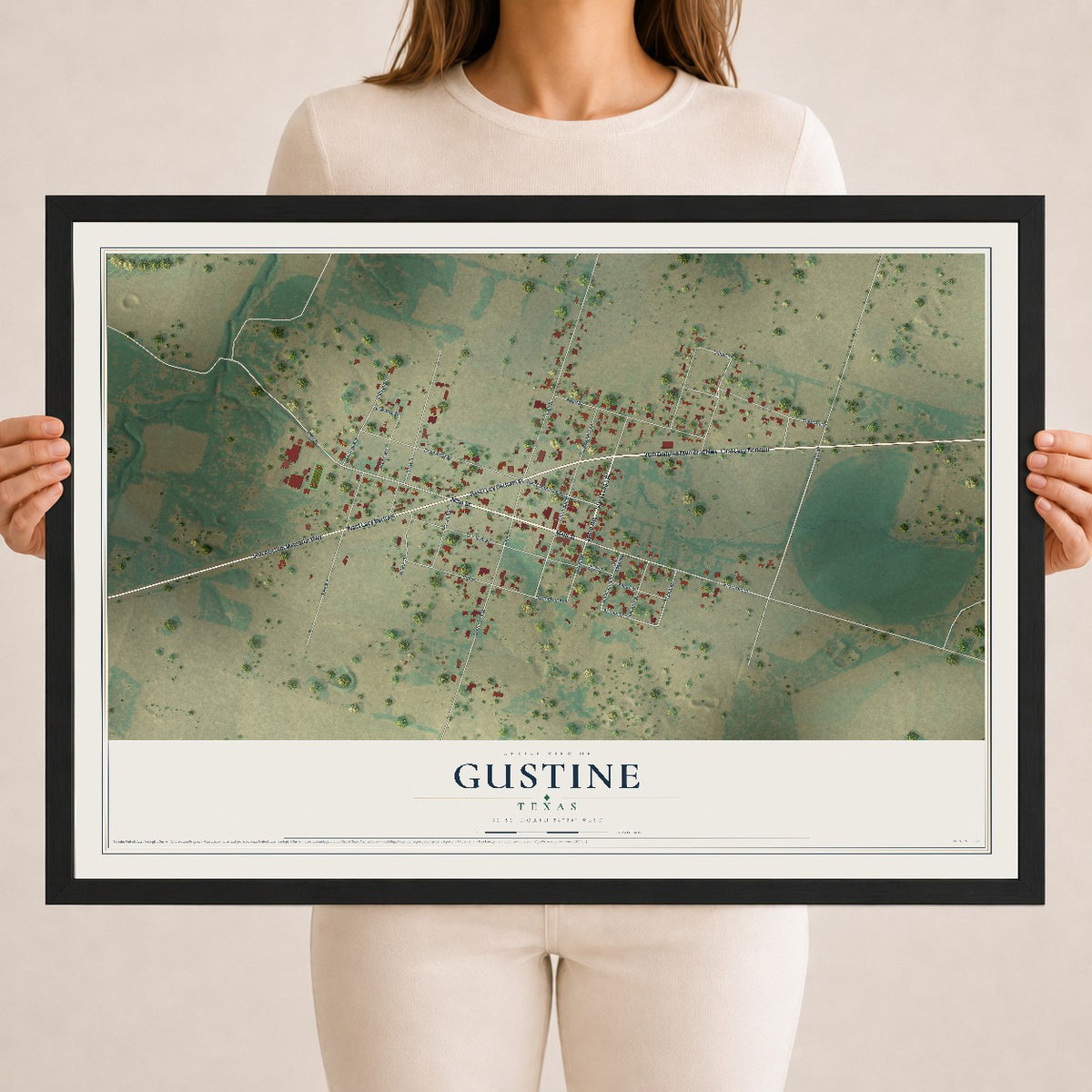 Map of Gustine, Texas, 18 x 24 inch print in a black wood frame