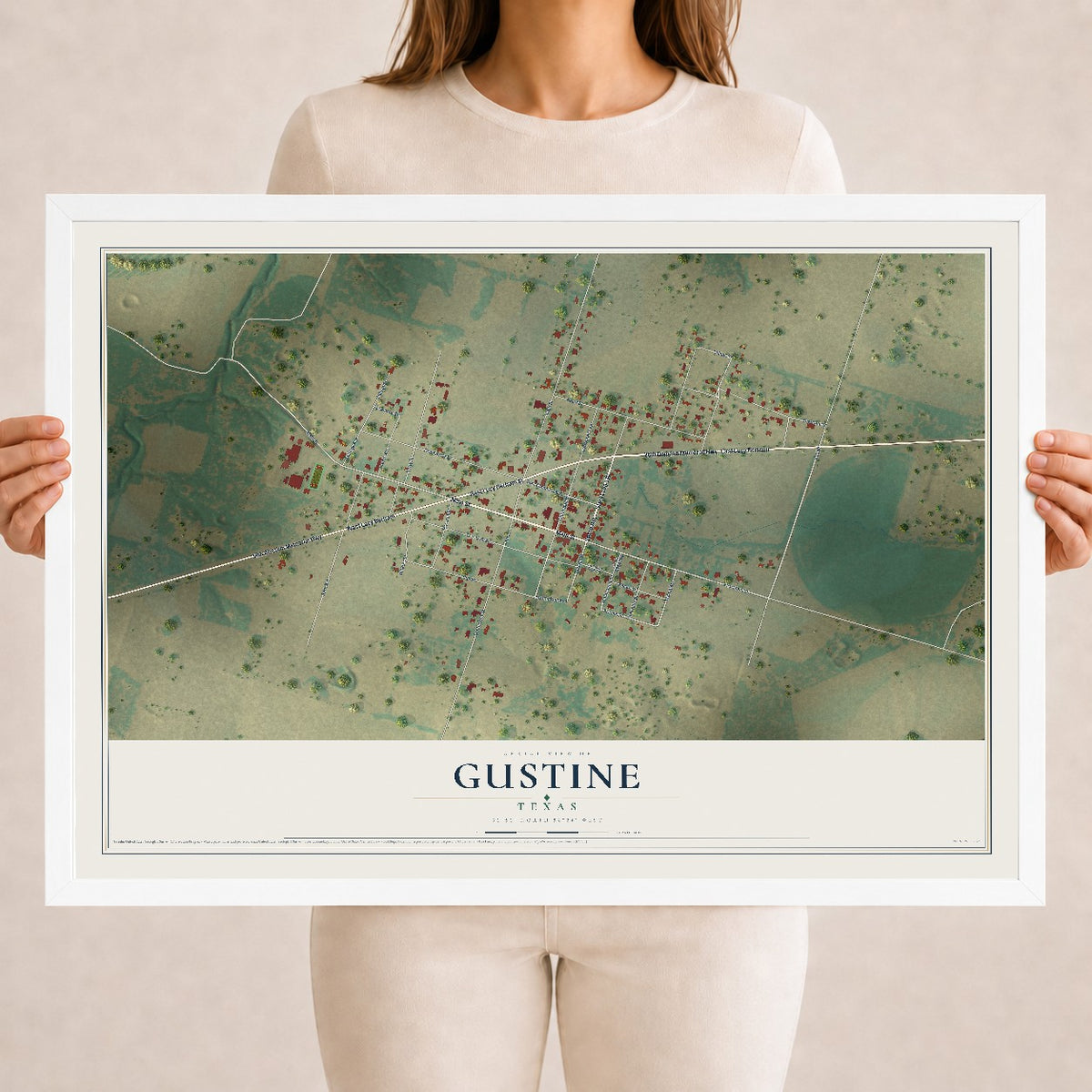 Map of Gustine, Texas, 18 x 24 inch print in a white wood frame
