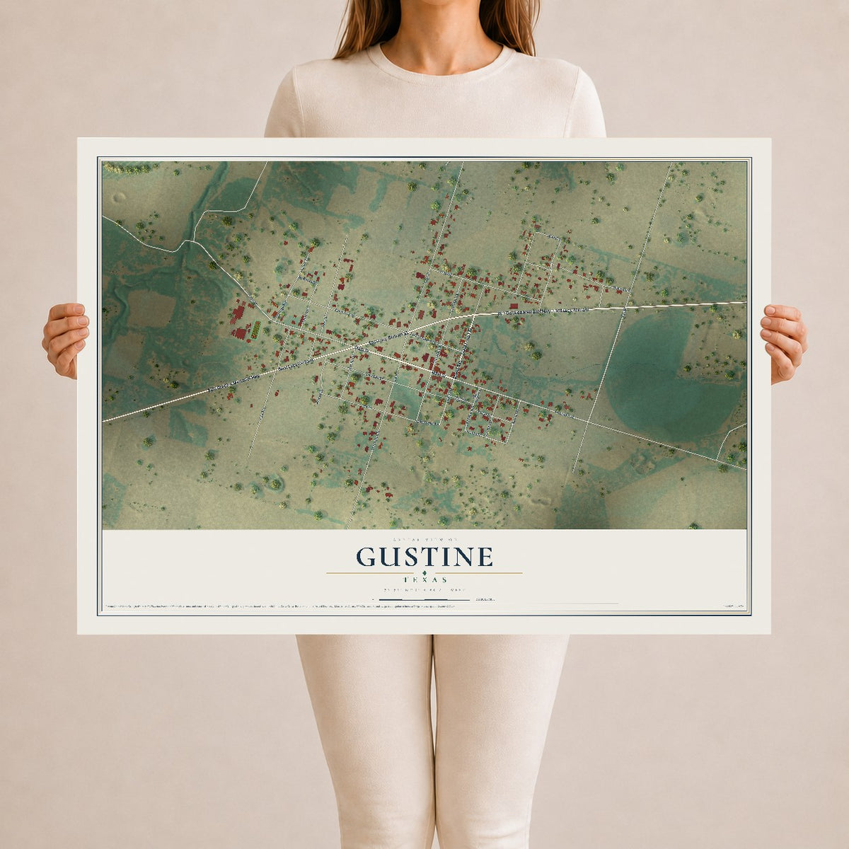Map of Gustine, Texas, 24 x 36 inch unframed archival matte print