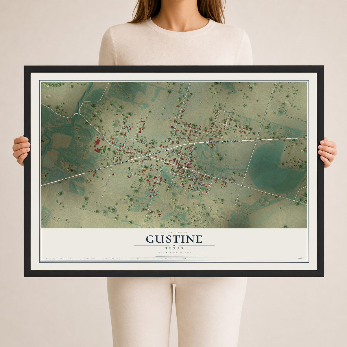 Map of Gustine, Texas, 24 x 36 inch print in a black wood frame