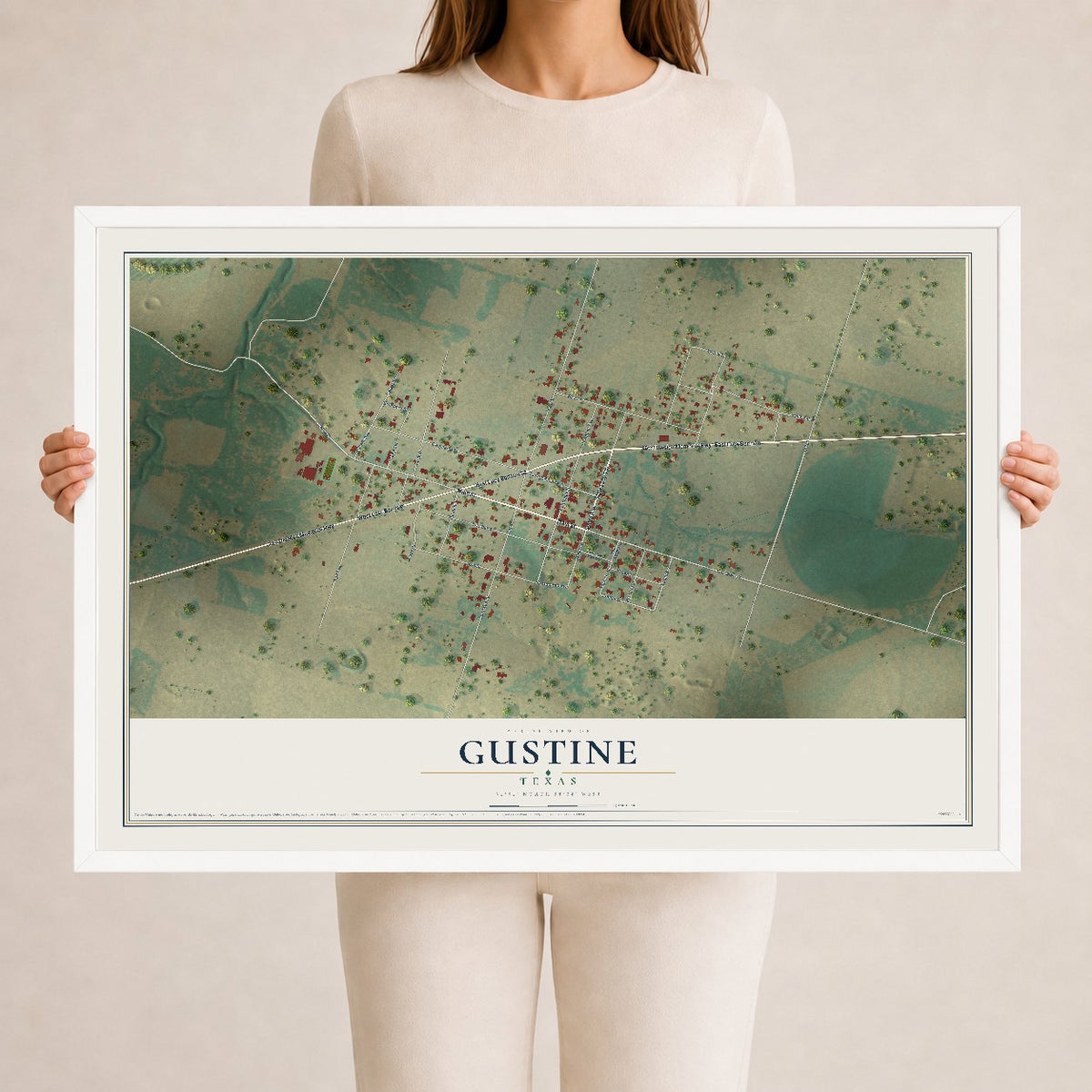 Map of Gustine, Texas, 24 x 36 inch print in a white wood frame