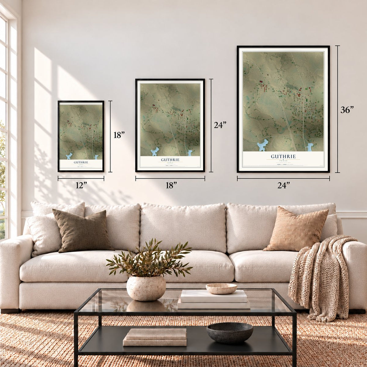 Guthrie, Texas map in 12 x 18, 18 x 24 and 24 x 36 inch sizes above a sofa