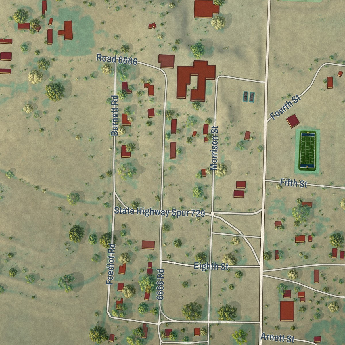 Close-up of the map of Guthrie, Texas print showing street and building detail