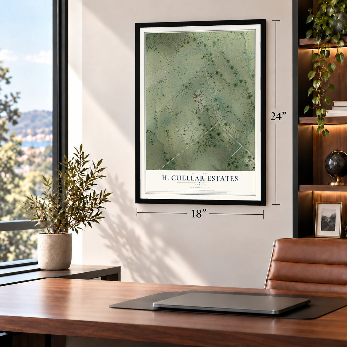 H. Cuellar Estates, Texas map, 18 x 24 inch print in a black frame in a home office