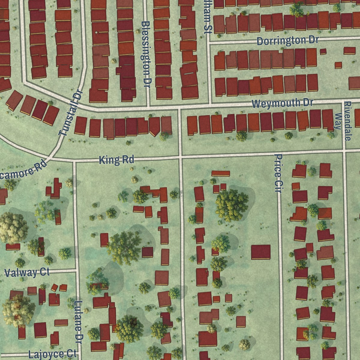 Close-up of the map of Hackberry, Texas print showing street and building detail