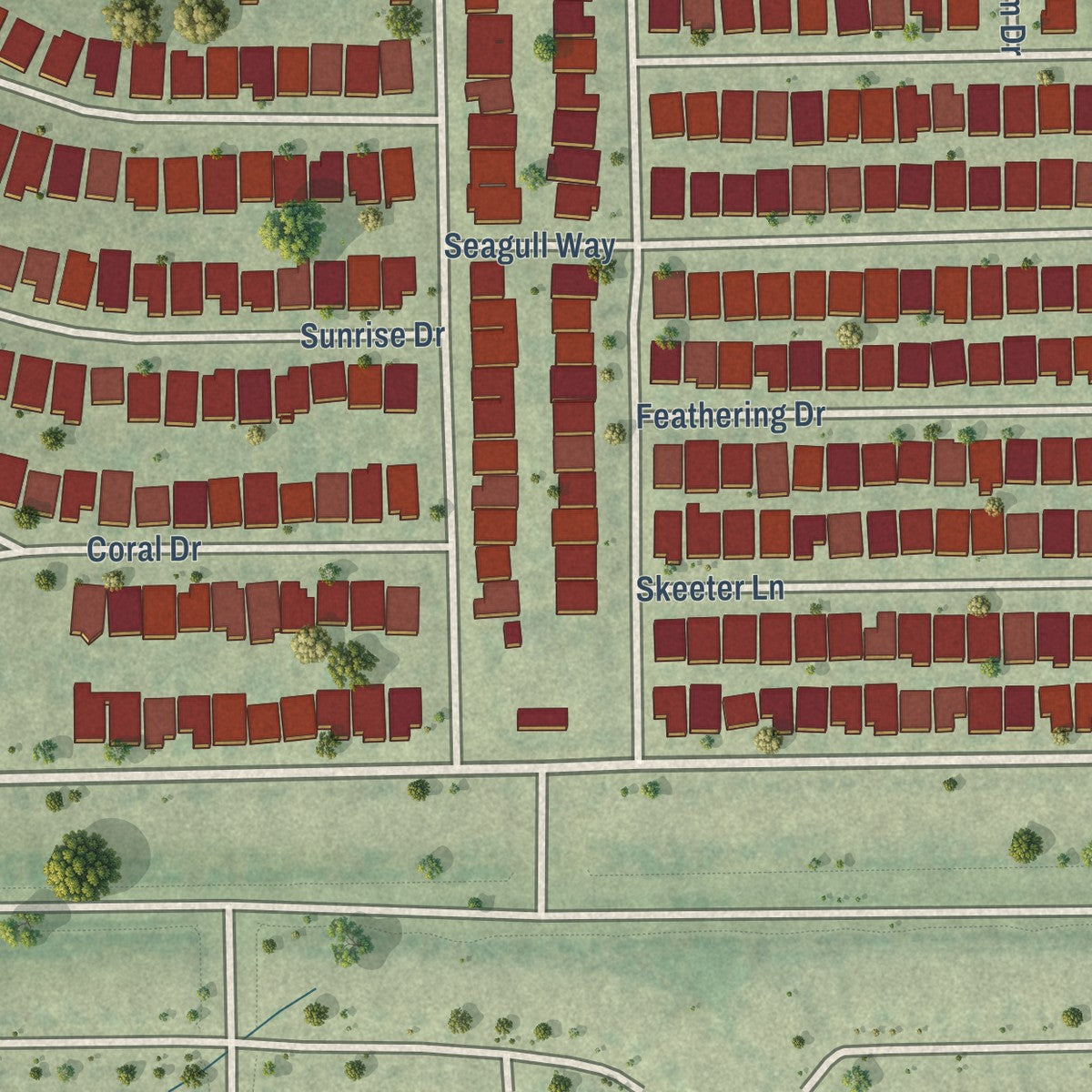 Second close-up of the map of Hackberry, Texas print showing more streets and buildings