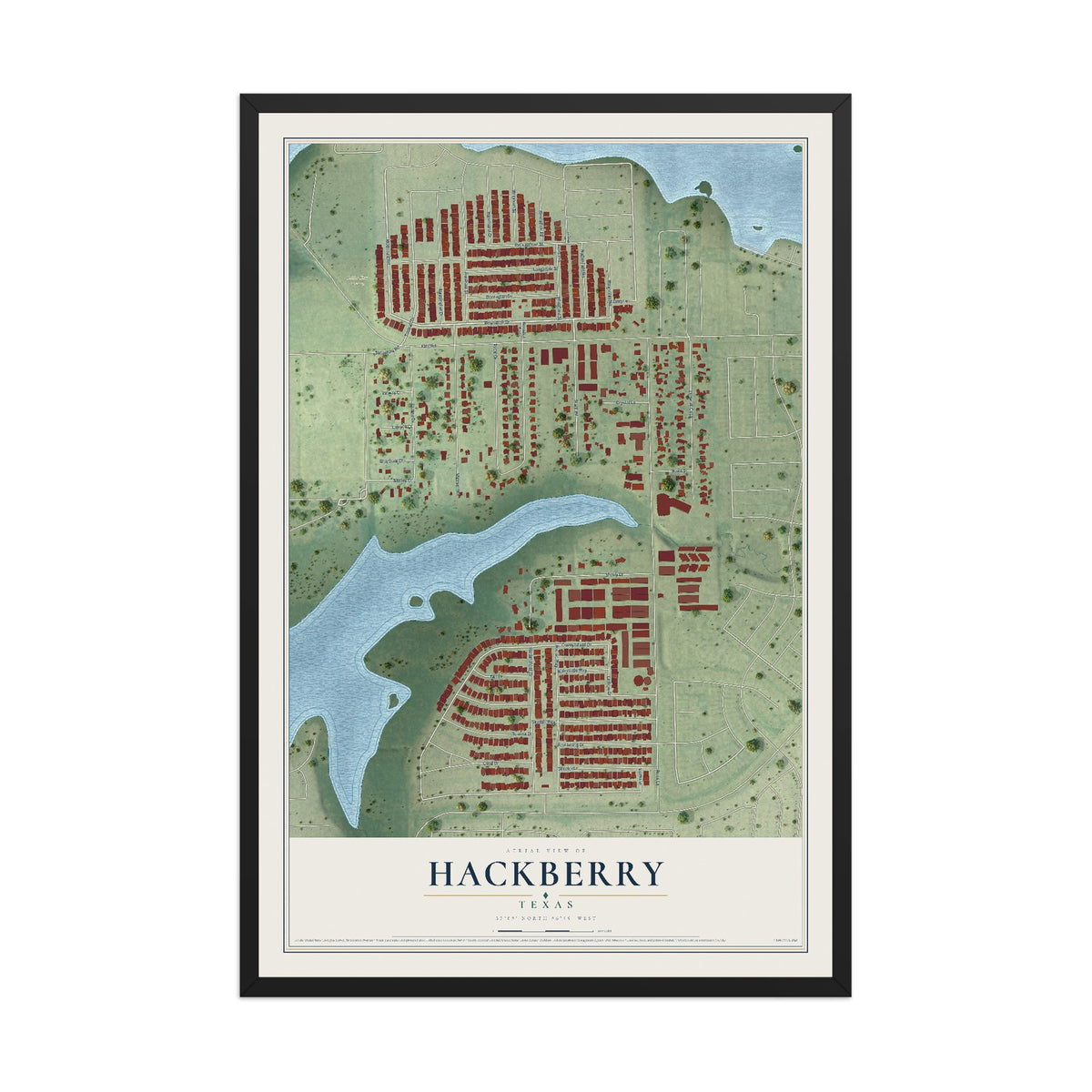 Map of Hackberry, Texas, 12 x 18 inch print in a black wood frame