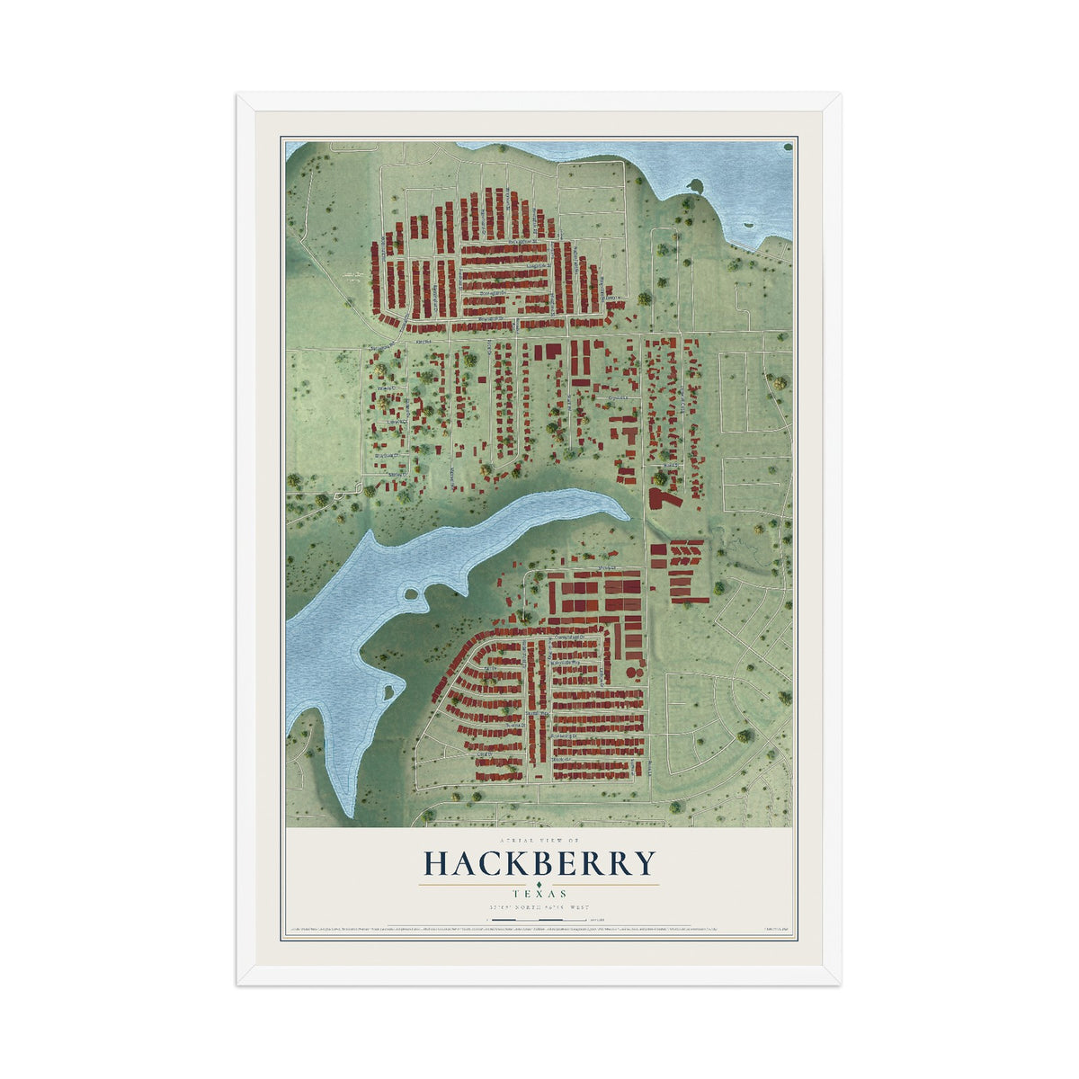 Map of Hackberry, Texas, 12 x 18 inch print in a white wood frame