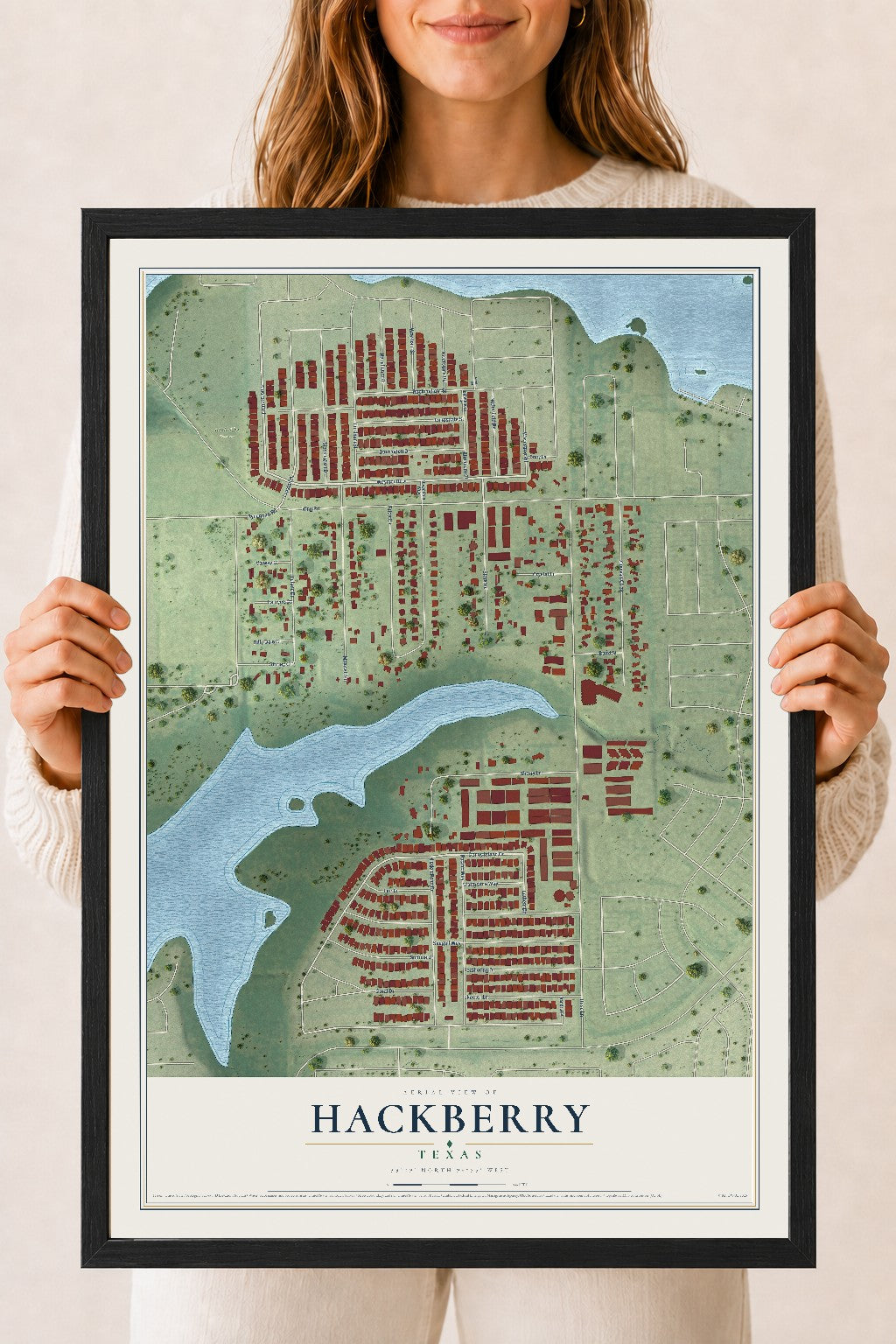 Map of Hackberry, Texas, 18 x 24 inch print in a black wood frame