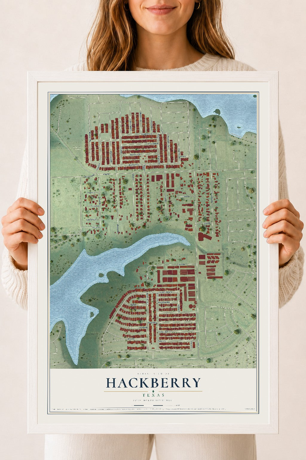 Map of Hackberry, Texas, 18 x 24 inch print in a white wood frame