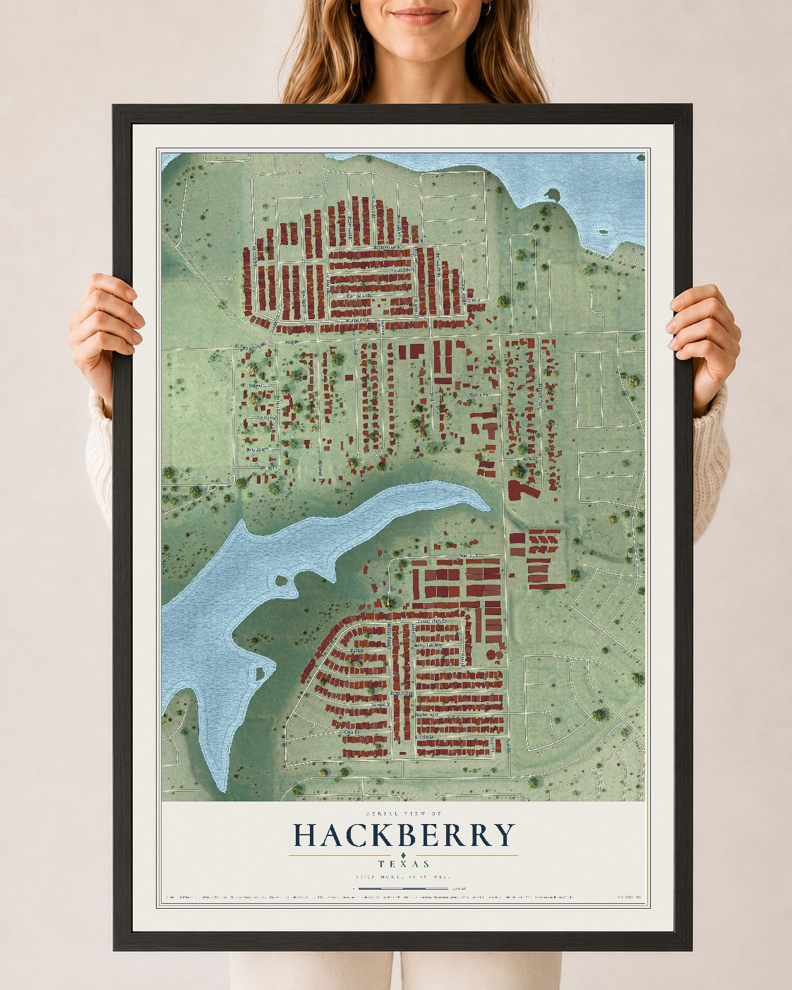 Map of Hackberry, Texas, 24 x 36 inch print in a black wood frame