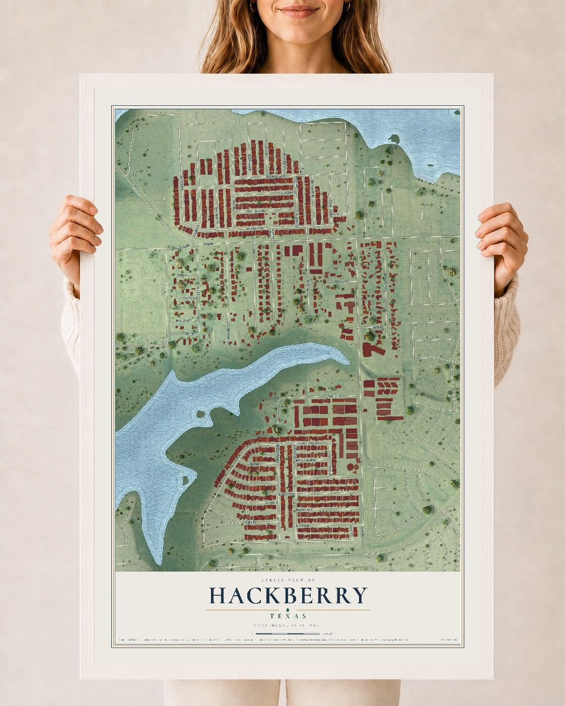 Map of Hackberry, Texas, 24 x 36 inch print in a white wood frame