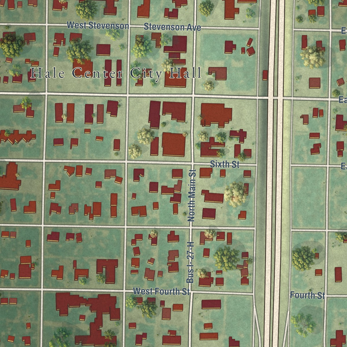 Close-up of the map of Hale Center, Texas print showing street and building detail
