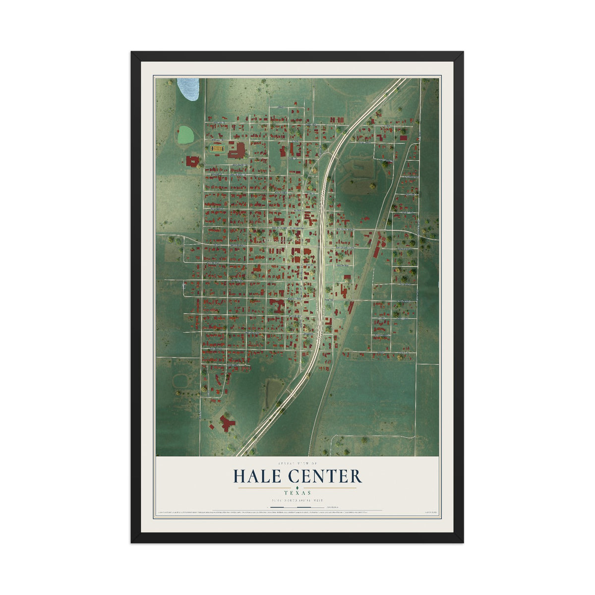 Map of Hale Center, Texas, 12 x 18 inch print in a black wood frame