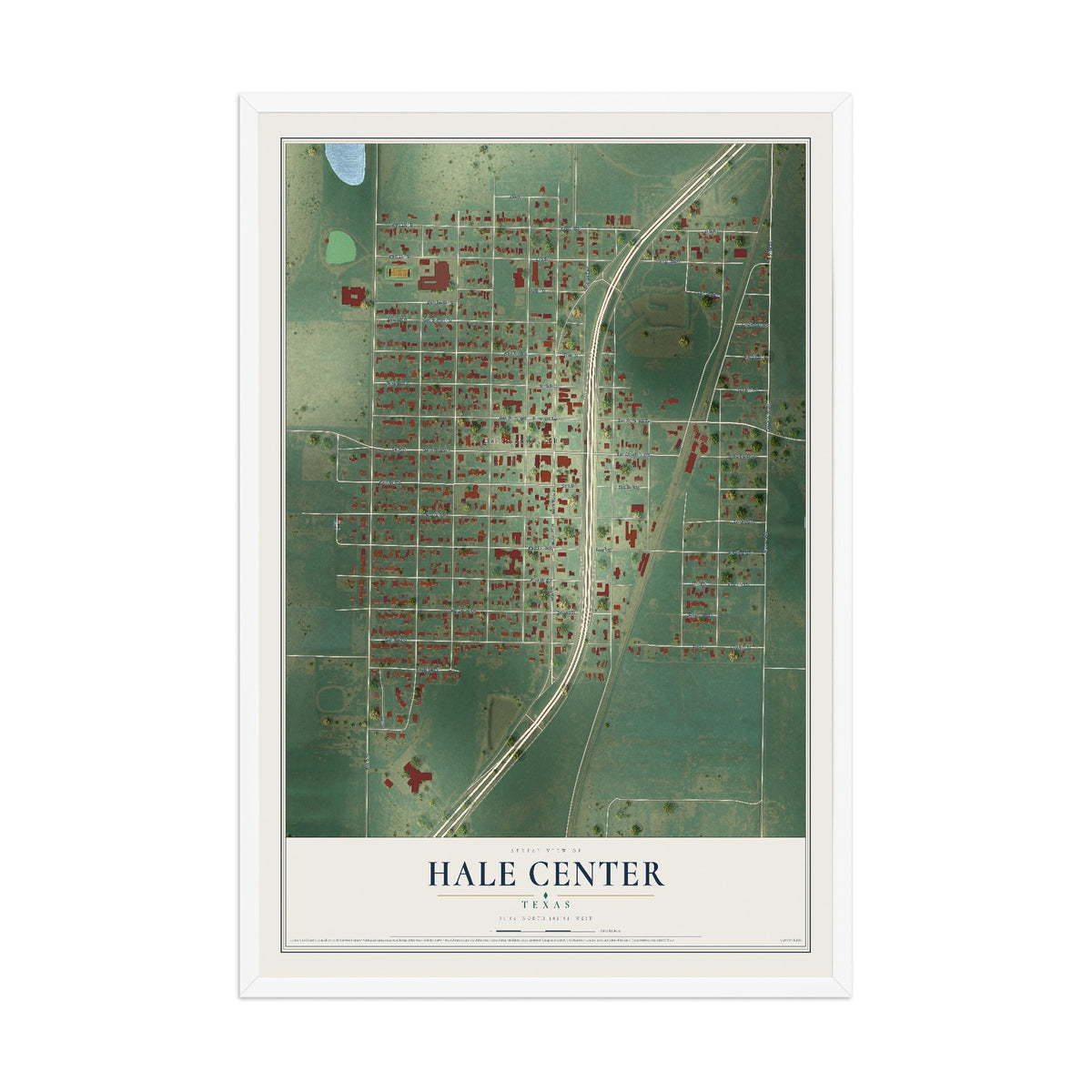 Map of Hale Center, Texas, 12 x 18 inch print in a white wood frame
